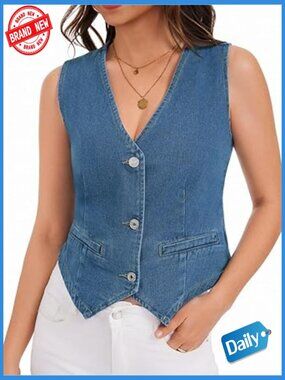 Denim Vest Sleeveless V Neck Button Down Crop Jean Jacket Y2K